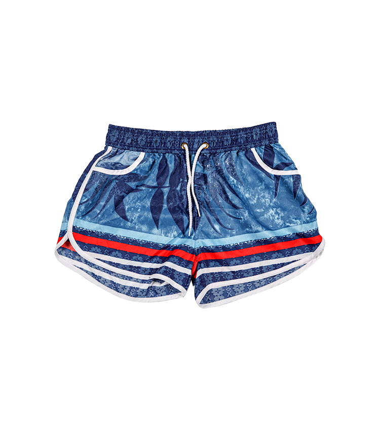 Deep sea blue stripe printed advanced beach trunks