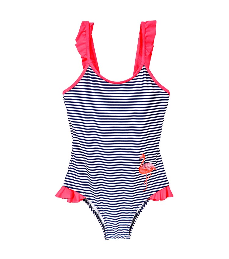 Black and white striped printed flamingo one-piece children's swimsuit