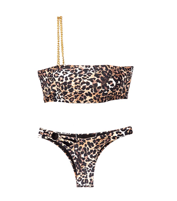 Leopard print sexy one-shoulder metal chain bandeau swimsuit